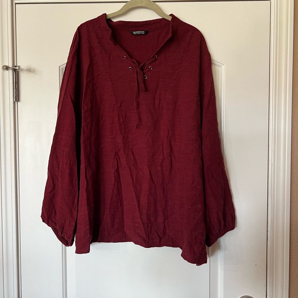 459 Bloom Chick Long Sleeved Lace Up Peasant Top Size 22/24 Burgundy